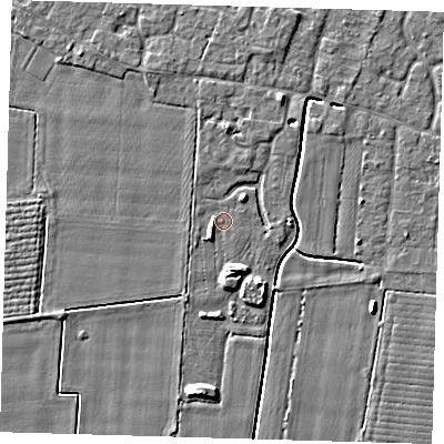 Shaded relief map of the ground around PE127QA, computed from Environment Agency LiDAR. The ground here sits at about 3 m above sea level and falls 5 m across the surrounding 800 m. Surface water reaching this point runs off ground lying to the south, 2.6 m higher.
