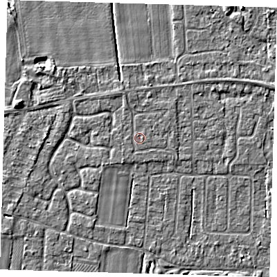 Shaded relief map of the ground around PE127QD, computed from Environment Agency LiDAR. The ground here sits at about 4 m above sea level and falls 4 m across the surrounding 800 m. Surface water reaching this point runs off ground lying to the north-north-west, 0.6 m higher.