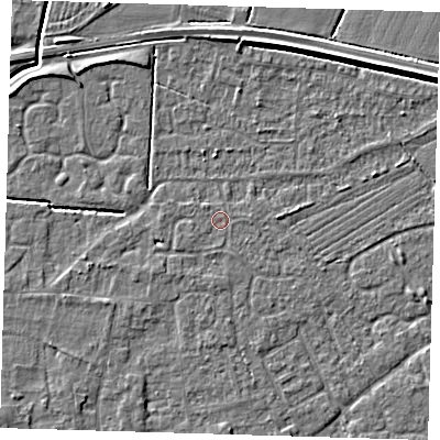 Shaded relief map of the ground around PE127QG, computed from Environment Agency LiDAR. The ground here sits at about 3 m above sea level and falls 5 m across the surrounding 800 m. Surface water reaching this point runs off ground lying to the south-west, 1.4 m higher.