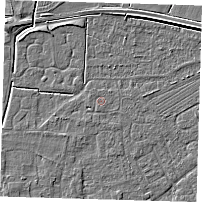 Shaded relief map of the ground around PE127QH, computed from Environment Agency LiDAR. The ground here sits at about 4 m above sea level and falls 5 m across the surrounding 800 m. Surface water reaching this point runs off ground lying to the south-south-west, 1.4 m higher.