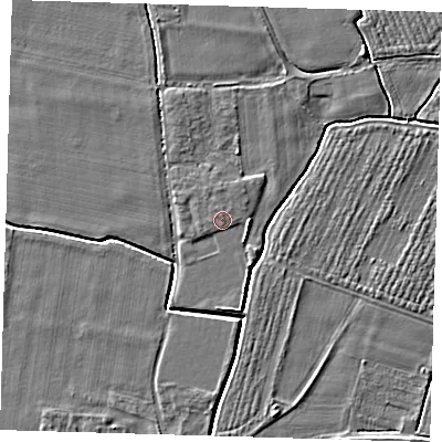Shaded relief map of the ground around PE127QJ, computed from Environment Agency LiDAR. The ground here sits at about 4 m above sea level and falls 3 m across the surrounding 800 m. Surface water reaching this point runs off ground lying to the east, 1.4 m higher.
