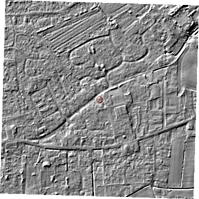 Shaded relief map of the ground around PE127QL, computed from Environment Agency LiDAR. The ground here sits at about 4 m above sea level and falls 4 m across the surrounding 800 m. Surface water reaching this point runs off ground lying to the north-east, 1.7 m higher.