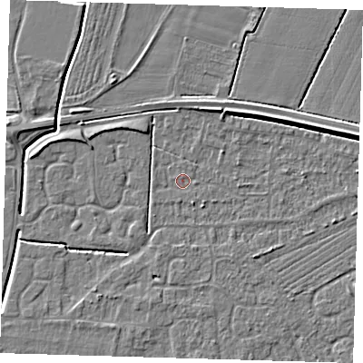 Shaded relief map of the ground around PE127QN, computed from Environment Agency LiDAR. The ground here sits at about 3 m above sea level and falls 5 m across the surrounding 800 m. Surface water reaching this point runs off ground lying to the north-north-east, 2.7 m higher.