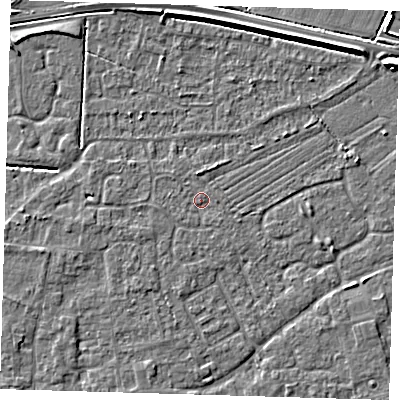 Shaded relief map of the ground around PE127QP, computed from Environment Agency LiDAR. The ground here sits at about 3 m above sea level and falls 5 m across the surrounding 800 m. Surface water reaching this point runs off ground lying to the south-west, 0.9 m higher.