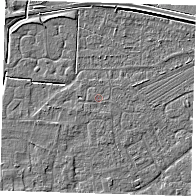 Shaded relief map of the ground around PE127QQ, computed from Environment Agency LiDAR. The ground here sits at about 4 m above sea level and falls 5 m across the surrounding 800 m. Surface water reaching this point runs off ground lying to the south-south-west, 0.7 m higher.