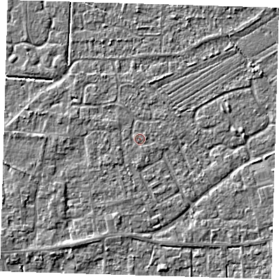 Shaded relief map of the ground around PE127QR, computed from Environment Agency LiDAR. The ground here sits at about 3 m above sea level and falls 3 m across the surrounding 800 m. Surface water reaching this point runs off ground lying to the west-south-west, 0.7 m higher.