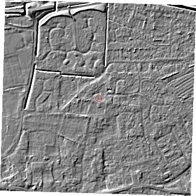 Shaded relief map of the ground around PE127QT, computed from Environment Agency LiDAR. The ground here sits at about 4 m above sea level and falls 4 m across the surrounding 800 m. Surface water reaching this point runs off ground lying to the east-south-east, 0.9 m higher.