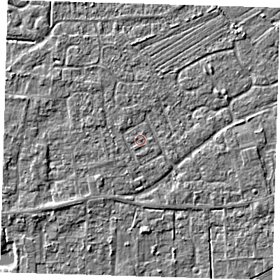 Shaded relief map of the ground around PE127RB, computed from Environment Agency LiDAR. The ground here sits at about 3 m above sea level and falls 3 m across the surrounding 800 m. The ground contributing surface water to this point lies to the south-south-west.