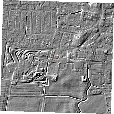 Shaded relief map of the ground around PE127RD, computed from Environment Agency LiDAR. The ground here sits at about 4 m above sea level and falls 6 m across the surrounding 800 m. Surface water reaching this point runs off ground lying to the east-south-east, 0.7 m higher.