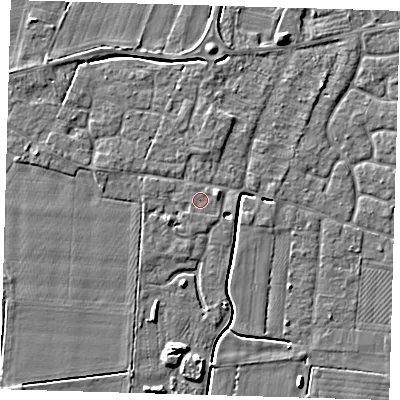 Shaded relief map of the ground around PE127RE, computed from Environment Agency LiDAR. The ground here sits at about 3 m above sea level and falls 5 m across the surrounding 800 m. Surface water reaching this point runs off ground lying to the east-north-east, 1.1 m higher.