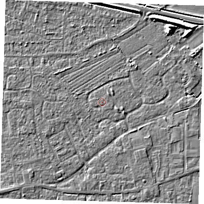 Shaded relief map of the ground around PE127RF, computed from Environment Agency LiDAR. The ground here sits at about 3 m above sea level and falls 7 m across the surrounding 800 m. Surface water reaching this point runs off ground lying to the south-east, 2.7 m higher.