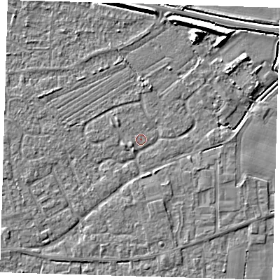 Shaded relief map of the ground around PE127RG, computed from Environment Agency LiDAR. The ground here sits at about 3 m above sea level and falls 7 m across the surrounding 800 m. Surface water reaching this point runs off ground lying to the south-west, 1.3 m higher.