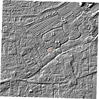 Shaded relief map of the ground around PE127RL, computed from Environment Agency LiDAR. The ground here sits at about 3 m above sea level and falls 7 m across the surrounding 800 m. Surface water reaching this point runs off ground lying to the east, 2.7 m higher.