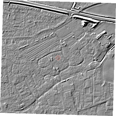 Shaded relief map of the ground around PE127RQ, computed from Environment Agency LiDAR. The ground here sits at about 3 m above sea level and falls 7 m across the surrounding 800 m. Surface water reaching this point runs off ground lying to the west, 0.8 m higher.