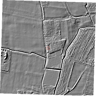Shaded relief map of the ground around PE127RT, computed from Environment Agency LiDAR. The ground here sits at about 4 m above sea level and falls 6 m across the surrounding 800 m. Surface water reaching this point runs off ground lying to the east, 1.4 m higher.