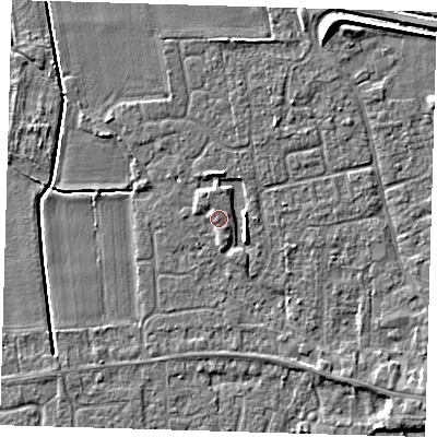 Shaded relief map of the ground around PE127RU, computed from Environment Agency LiDAR. The ground here sits at about 4 m above sea level and falls 6 m across the surrounding 800 m. Surface water reaching this point runs off ground lying to the north-north-east, 0.7 m higher.
