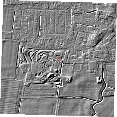 Shaded relief map of the ground around PE127RW, computed from Environment Agency LiDAR. The ground here sits at about 3 m above sea level and falls 6 m across the surrounding 800 m. Surface water reaching this point runs off ground lying to the south, 1.9 m higher.