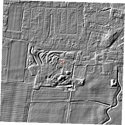 Shaded relief map of the ground around PE127RY, computed from Environment Agency LiDAR. The ground here sits at about 3 m above sea level and falls 6 m across the surrounding 800 m. Surface water reaching this point runs off ground lying to the south-south-east, 2.2 m higher.