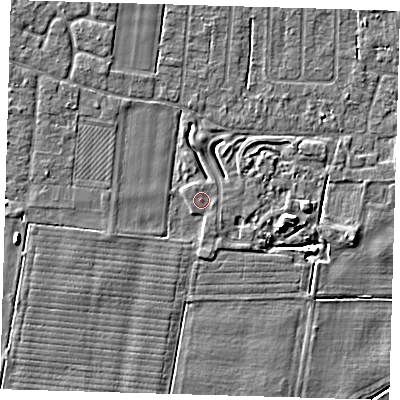 Shaded relief map of the ground around PE127RZ, computed from Environment Agency LiDAR. The ground here sits at about 4 m above sea level and falls 6 m across the surrounding 800 m. The ground contributing surface water to this point lies to the east-south-east.