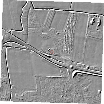 Shaded relief map of the ground around PE128AB, computed from Environment Agency LiDAR. The ground here sits at about 3 m above sea level and falls 7 m across the surrounding 800 m. Surface water reaching this point runs off ground lying to the south-west, 4.7 m higher.