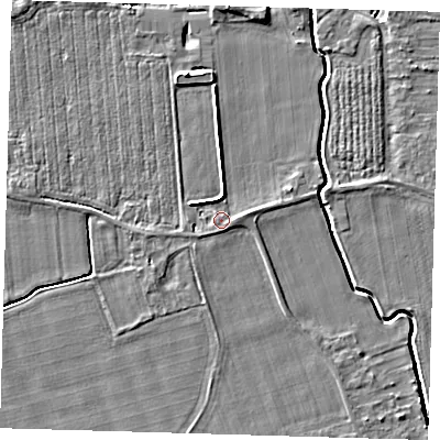 Shaded relief map of the ground around PE128AH, computed from Environment Agency LiDAR. The ground here sits at about 4 m above sea level and falls 4 m across the surrounding 800 m. Surface water reaching this point runs off ground lying to the north-north-west, 2.6 m higher.
