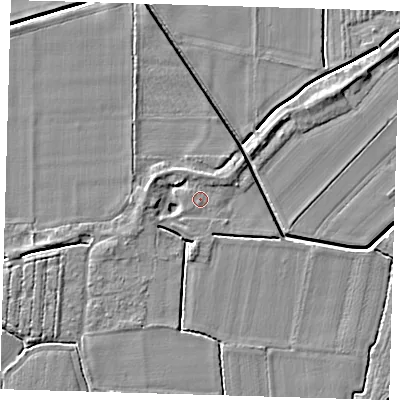Shaded relief map of the ground around PE128AJ, computed from Environment Agency LiDAR. The ground here sits at about 4 m above sea level and falls 4 m across the surrounding 800 m. Surface water reaching this point runs off ground lying to the north-north-east, 0.9 m higher.