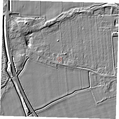 Shaded relief map of the ground around PE128AL, computed from Environment Agency LiDAR. The ground here sits at about 4 m above sea level and falls 6 m across the surrounding 800 m. Surface water reaching this point runs off ground lying to the south, 0.8 m higher.
