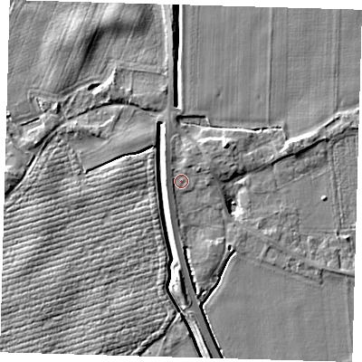 Shaded relief map of the ground around PE128AN, computed from Environment Agency LiDAR. The ground here sits at about 4 m above sea level and falls 6 m across the surrounding 800 m. Surface water reaching this point runs off ground lying to the west-south-west, 1.2 m higher.