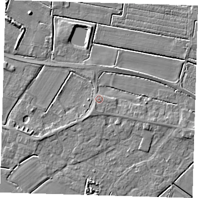 Shaded relief map of the ground around PE128AP, computed from Environment Agency LiDAR. The ground here sits at about 4 m above sea level and falls 4 m across the surrounding 800 m. Surface water reaching this point runs off ground lying to the south-south-west, 0.8 m higher.