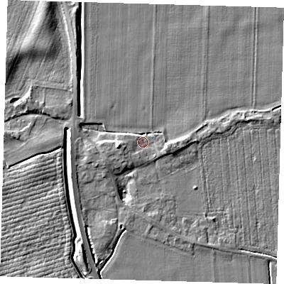 Shaded relief map of the ground around PE128AR, computed from Environment Agency LiDAR. The ground here sits at about 4 m above sea level and falls 6 m across the surrounding 800 m. Surface water reaching this point runs off ground lying to the west, 2.5 m higher.