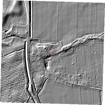 Shaded relief map of the ground around PE128AS, computed from Environment Agency LiDAR. The ground here sits at about 5 m above sea level and falls 6 m across the surrounding 800 m. Surface water reaching this point runs off ground lying to the west-north-west, 2.2 m higher.