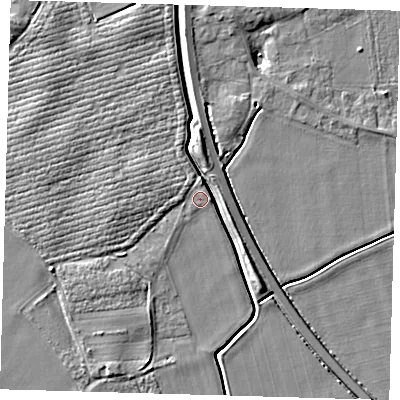 Shaded relief map of the ground around PE128AT, computed from Environment Agency LiDAR. The ground here sits at about 4 m above sea level and falls 6 m across the surrounding 800 m. Surface water reaching this point runs off ground lying to the north, 0.9 m higher.