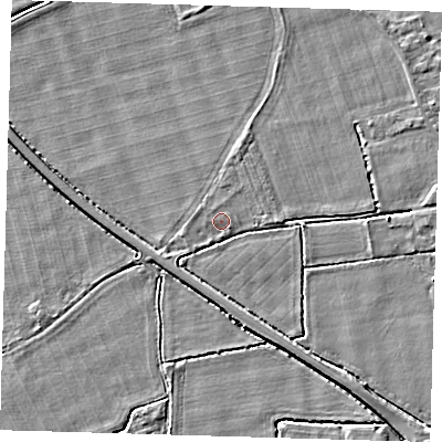Shaded relief map of the ground around PE128AX, computed from Environment Agency LiDAR. The ground here sits at about 3 m above sea level and falls 3 m across the surrounding 800 m. Surface water reaching this point runs off ground lying to the west-south-west, 1.1 m higher.