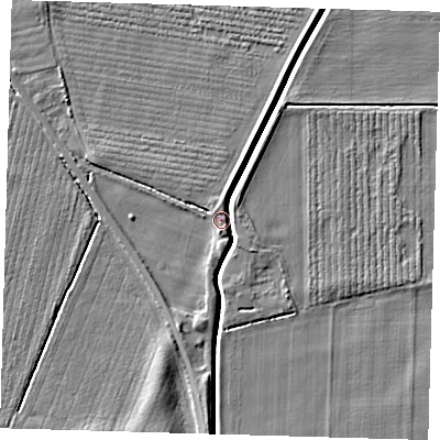Shaded relief map of the ground around PE128AZ, computed from Environment Agency LiDAR. The ground here sits at about 5 m above sea level and falls 5 m across the surrounding 800 m. Surface water reaching this point runs off ground lying to the south, 2.3 m higher.