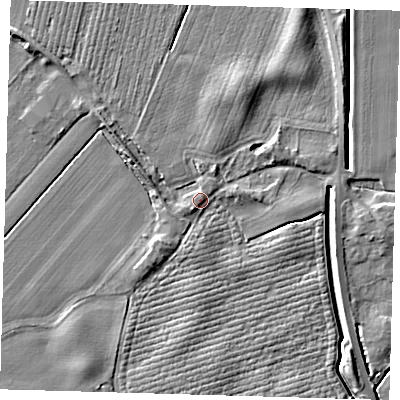 Shaded relief map of the ground around PE128BA, computed from Environment Agency LiDAR. The ground here sits at about 4 m above sea level and falls 6 m across the surrounding 800 m. Surface water reaching this point runs off ground lying to the south-west, 2.5 m higher.
