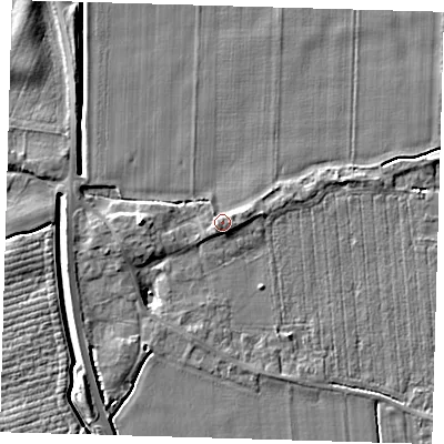 Shaded relief map of the ground around PE128BB, computed from Environment Agency LiDAR. The ground here sits at about 6 m above sea level and falls 6 m across the surrounding 800 m. Surface water reaching this point runs off ground lying to the west-south-west, 1.8 m higher.