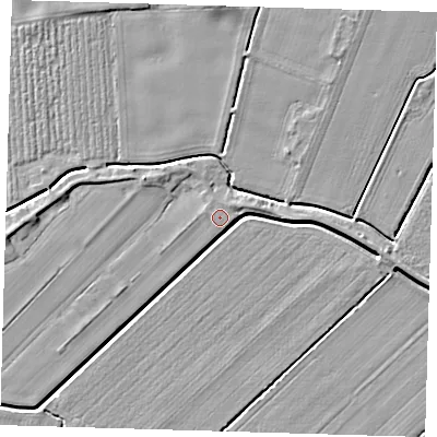 Shaded relief map of the ground around PE128BD, computed from Environment Agency LiDAR. The ground here sits at about 4 m above sea level and falls 4 m across the surrounding 800 m. Surface water reaching this point runs off ground lying to the west-south-west, 0.6 m higher.
