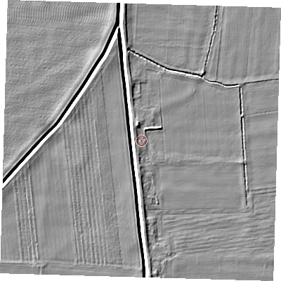 Shaded relief map of the ground around PE128BH, computed from Environment Agency LiDAR. The ground here sits at about 4 m above sea level and falls 5 m across the surrounding 800 m. Surface water reaching this point runs off ground lying to the north-north-east, 2.4 m higher.