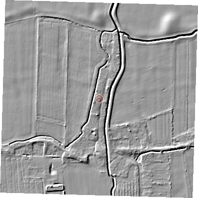 Shaded relief map of the ground around PE128BL, computed from Environment Agency LiDAR. The ground here sits at about 4 m above sea level and falls 5 m across the surrounding 800 m. Surface water reaching this point runs off ground lying to the north-north-east, 2.5 m higher.