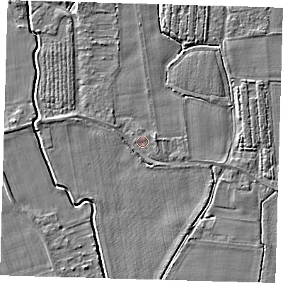 Shaded relief map of the ground around PE128BP, computed from Environment Agency LiDAR. The ground here sits at about 3 m above sea level and falls 3 m across the surrounding 800 m. Surface water reaching this point runs off ground lying to the west-north-west, 1.8 m higher.