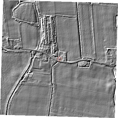 Shaded relief map of the ground around PE128BT, computed from Environment Agency LiDAR. The ground here sits at about 3 m above sea level and falls 4 m across the surrounding 800 m. Surface water reaching this point runs off ground lying to the south-east, 1.2 m higher.