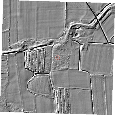 Shaded relief map of the ground around PE128BU, computed from Environment Agency LiDAR. The ground here sits at about 3 m above sea level and falls 4 m across the surrounding 800 m. Surface water reaching this point runs off ground lying to the north, 0.8 m higher.