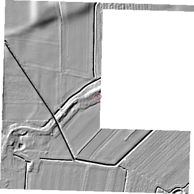 Shaded relief map of the ground around PE128BX, computed from Environment Agency LiDAR. The ground here sits at about 4 m above sea level and falls 5 m across the surrounding 800 m. Surface water reaching this point runs off ground lying to the north, 1.8 m higher.