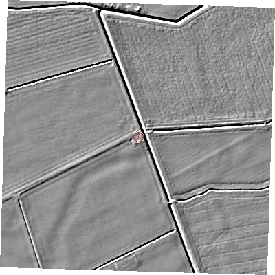 Shaded relief map of the ground around PE128DF, computed from Environment Agency LiDAR. The ground here sits at about 3 m above sea level and falls 4 m across the surrounding 800 m. Surface water reaching this point runs off ground lying to the south-south-east, 3.6 m higher.