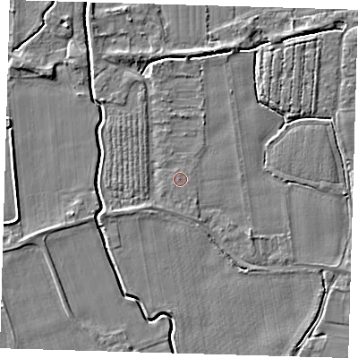 Shaded relief map of the ground around PE128DG, computed from Environment Agency LiDAR. The ground here sits at about 3 m above sea level and falls 5 m across the surrounding 800 m. The ground contributing surface water to this point lies to the south-east.