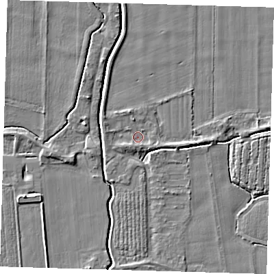 Shaded relief map of the ground around PE128DH, computed from Environment Agency LiDAR. The ground here sits at about 3 m above sea level and falls 5 m across the surrounding 800 m. Surface water reaching this point runs off ground lying to the west-north-west, 1.2 m higher.