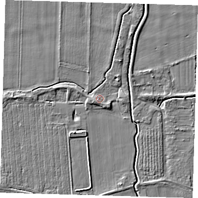 Shaded relief map of the ground around PE128DJ, computed from Environment Agency LiDAR. The ground here sits at about 4 m above sea level and falls 5 m across the surrounding 800 m. Surface water reaching this point runs off ground lying to the west-south-west, 1.6 m higher.