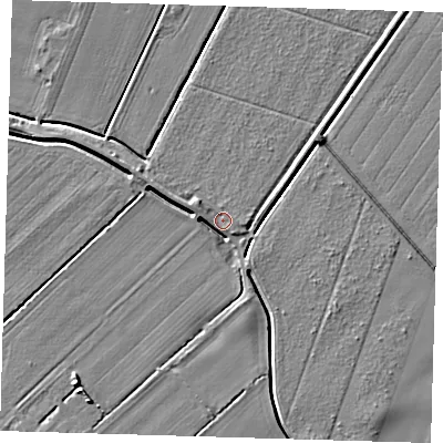 Shaded relief map of the ground around PE128DL, computed from Environment Agency LiDAR. The ground here sits at about 3 m above sea level and falls 5 m across the surrounding 800 m. Surface water reaching this point runs off ground lying to the west-north-west, 3.3 m higher.