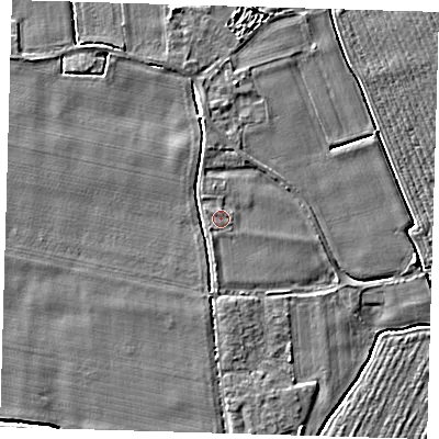 Shaded relief map of the ground around PE128DN, computed from Environment Agency LiDAR. The ground here sits at about 3 m above sea level and falls 4 m across the surrounding 800 m. The ground contributing surface water to this point lies to the north-west.