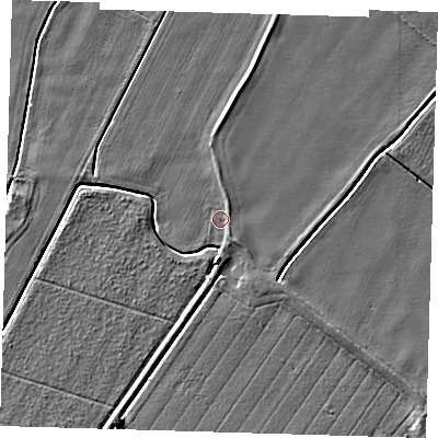 Shaded relief map of the ground around PE128DP, computed from Environment Agency LiDAR. The ground here sits at about 4 m above sea level and falls 4 m across the surrounding 800 m. Surface water reaching this point runs off ground lying to the north-north-east, 1.0 m higher.
